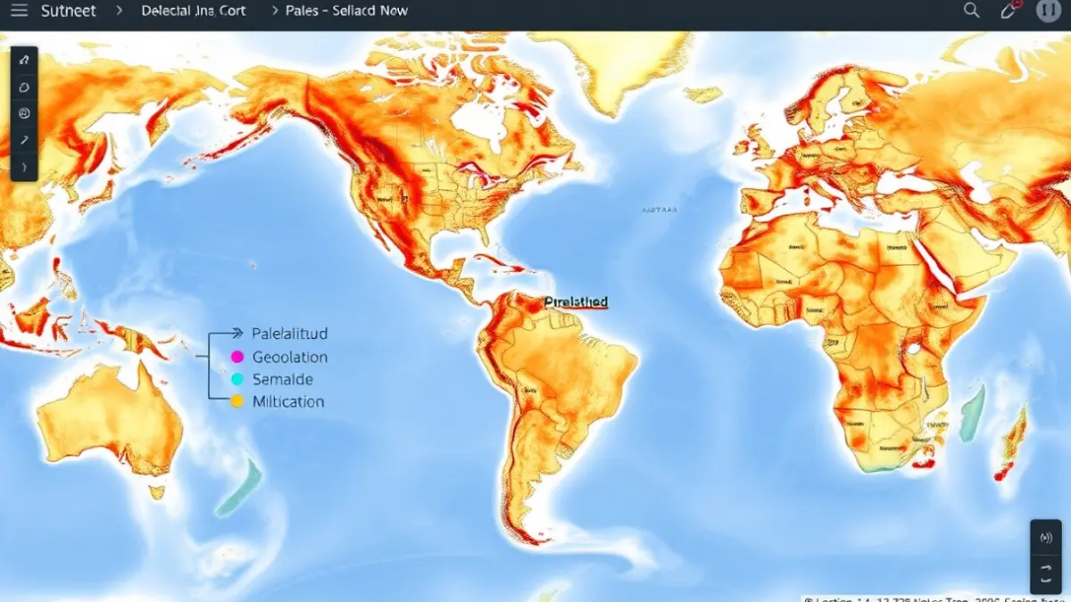 Imagen genérica de un mapa digital que muestra el movimiento de los continentes a lo largo del tiempo geológico.