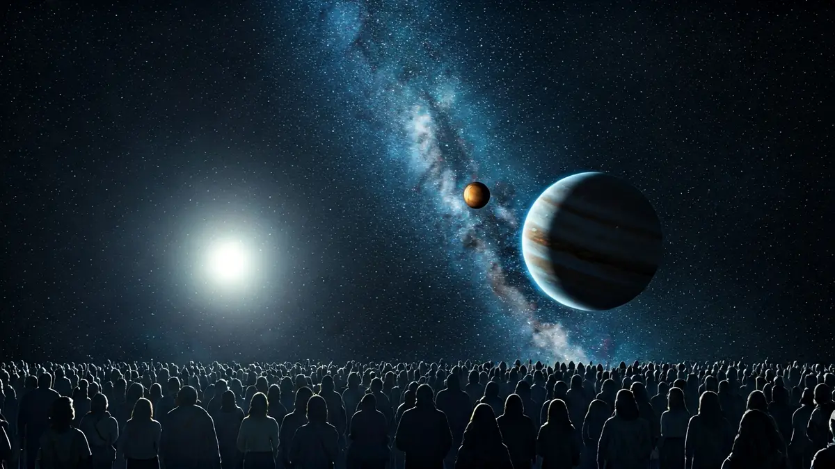 Representación artística de una supertierra, un júpiter temperado y una enana marrón orbitando una estrella distante.