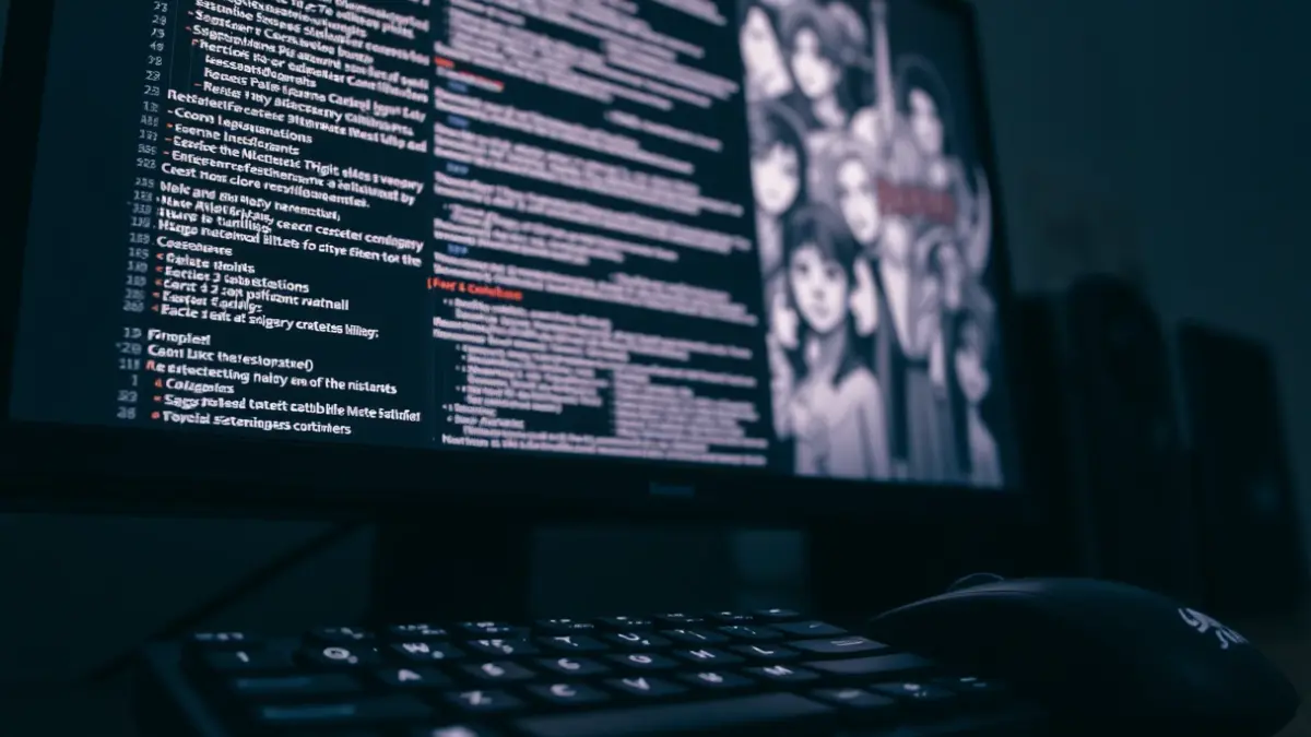 Imagen de una pantalla de ordenador con código y dibujos de manga, simbolizando la piratería digital.
