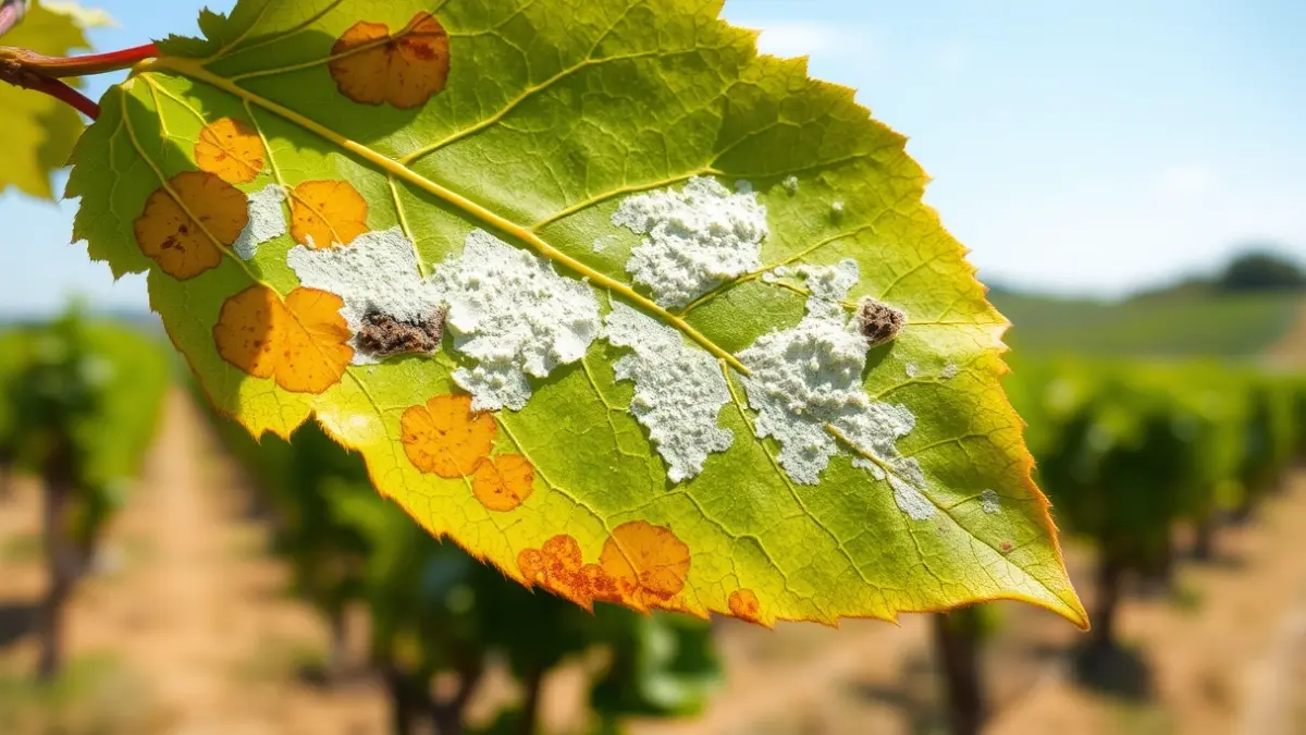 Image of a vine leaf affected by mildew, showing yellowish spots and white mold.