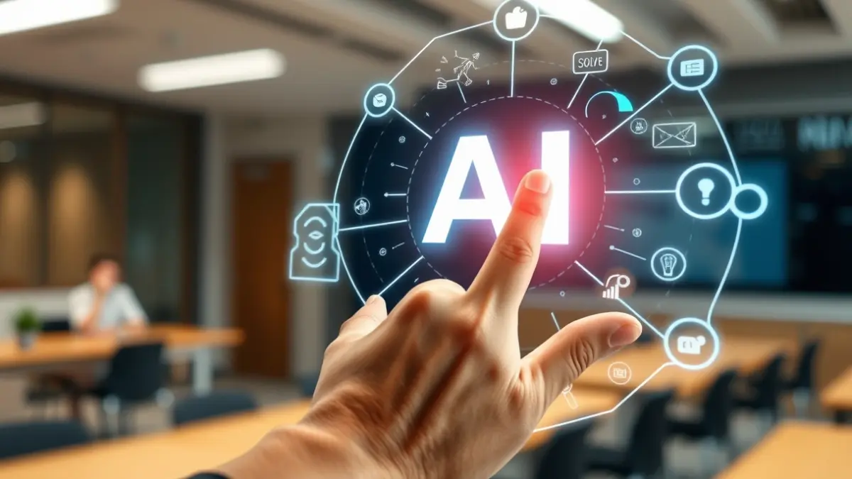 Generic image of a hand interacting with a holographic interface displaying AI concepts, with a blurred background of a modern office or classroom.