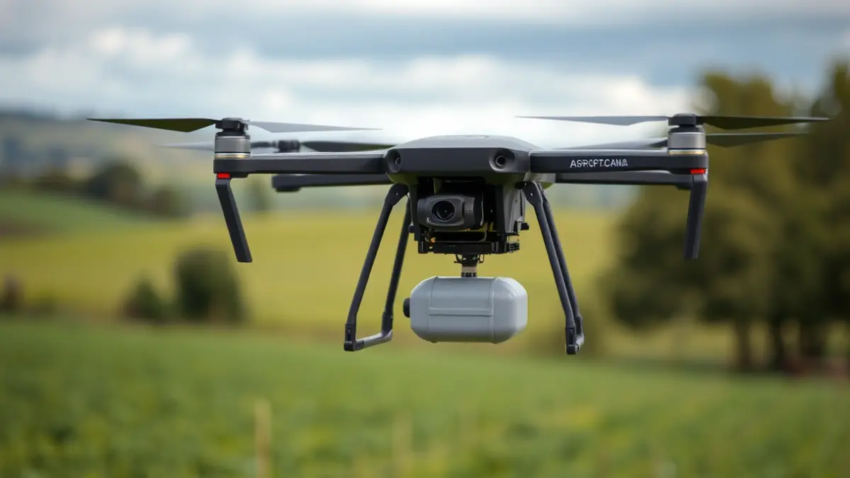 Imagen genérica de un dron agrícola sobrevolando un campo verde en Galicia.
