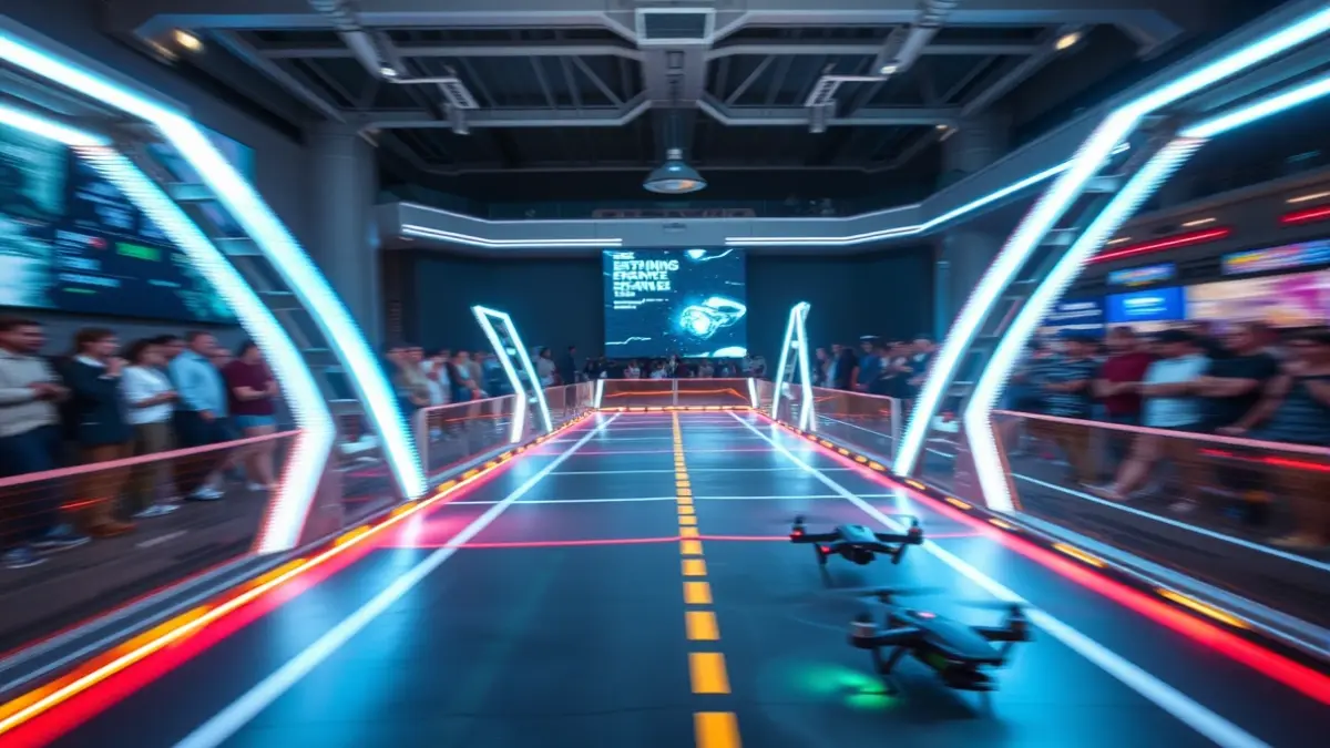 Imagen de un circuito de carreras de drones en un espacio interior con luces LED.