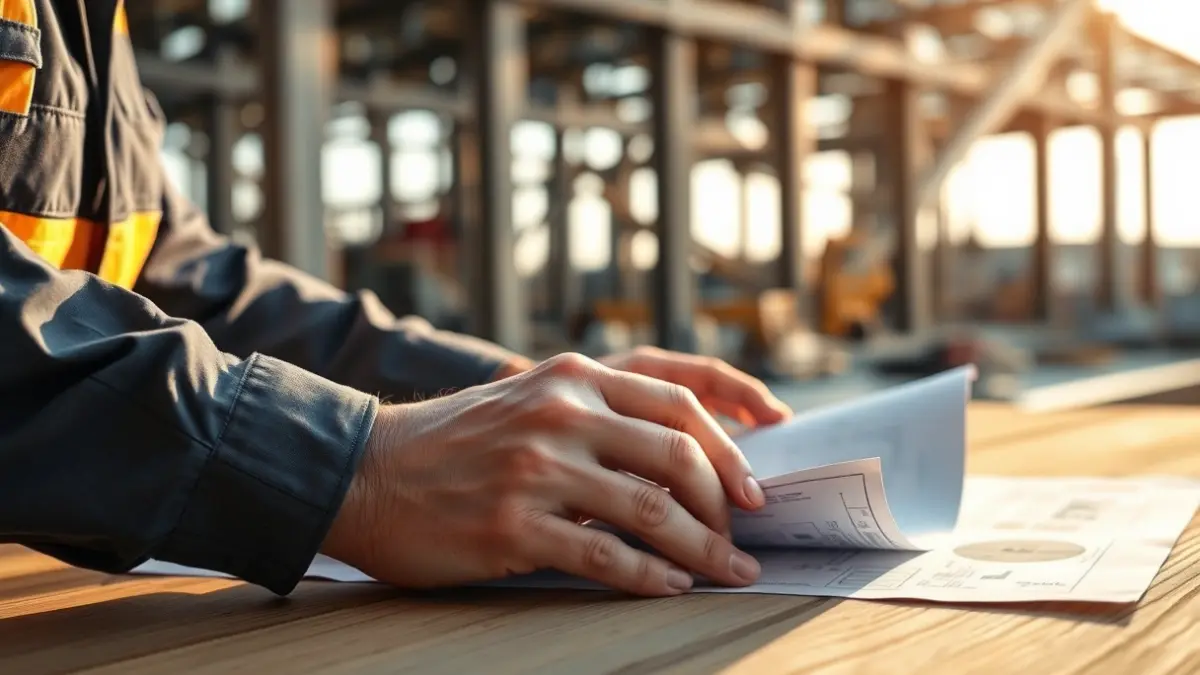 Imagen genérica de manos revisando planos de construcción en un entorno industrial.