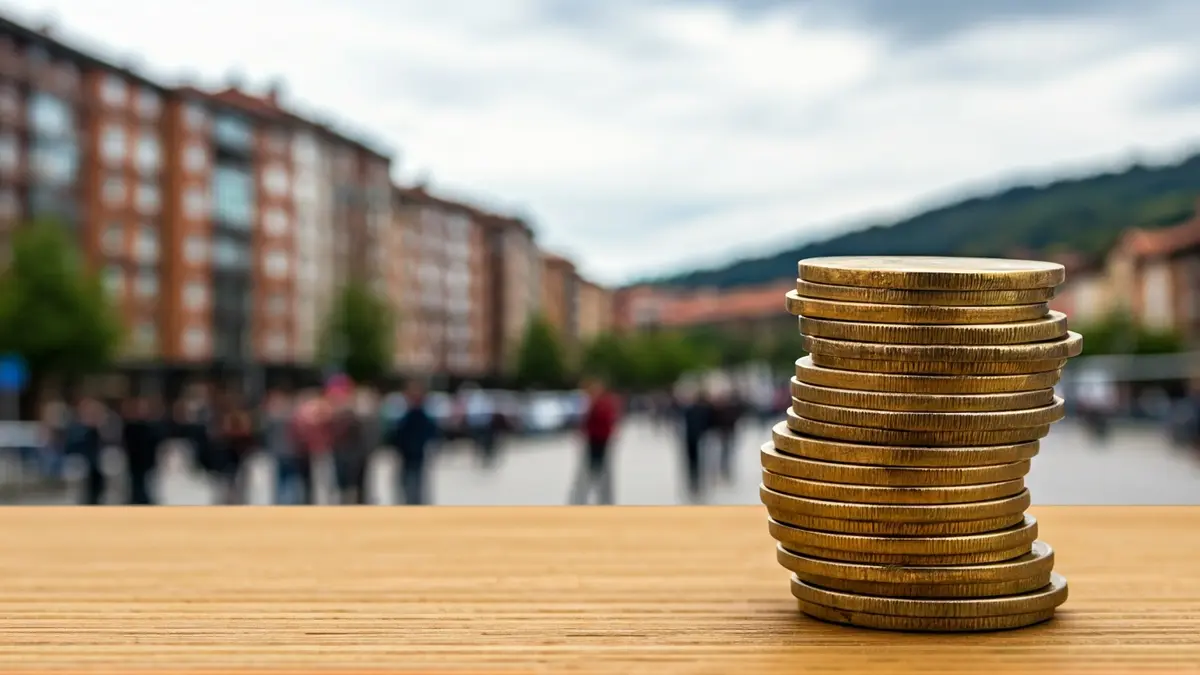 Generic image of a stack of euro coins, with blurred buildings in the background.