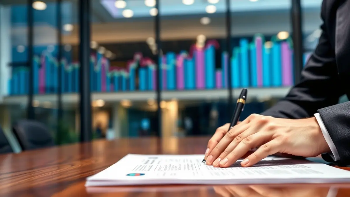 Imagen genérica de manos firmando un documento, con gráficos financieros borrosos al fondo.