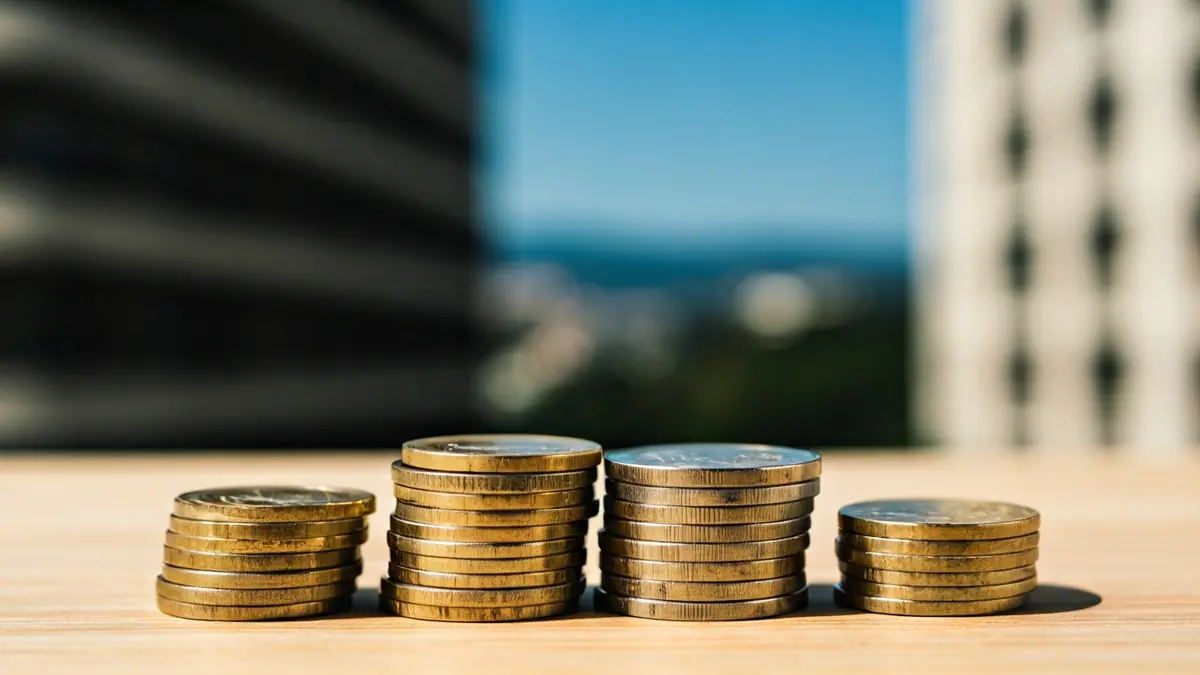 Imagen genérica de monedas y billetes de euro sobre un escritorio de madera, con edificios de oficinas desenfocados al fondo.