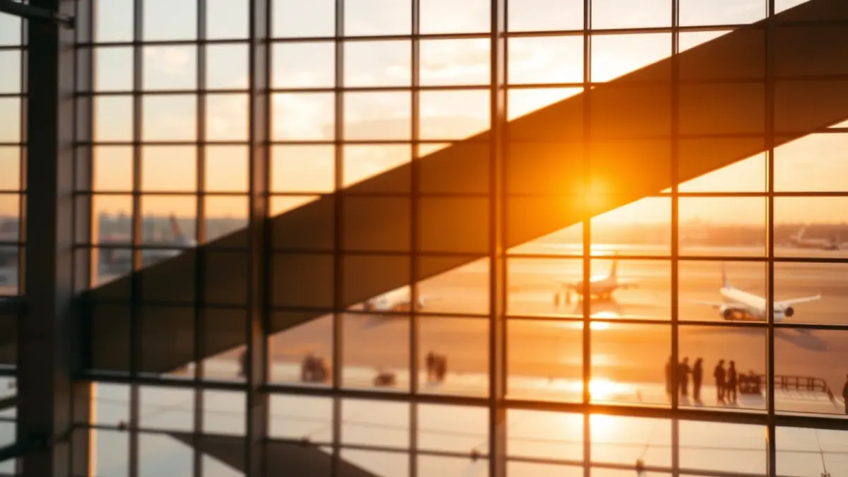 Generic image of a modern airport, with planes on the runway seen through large windows.