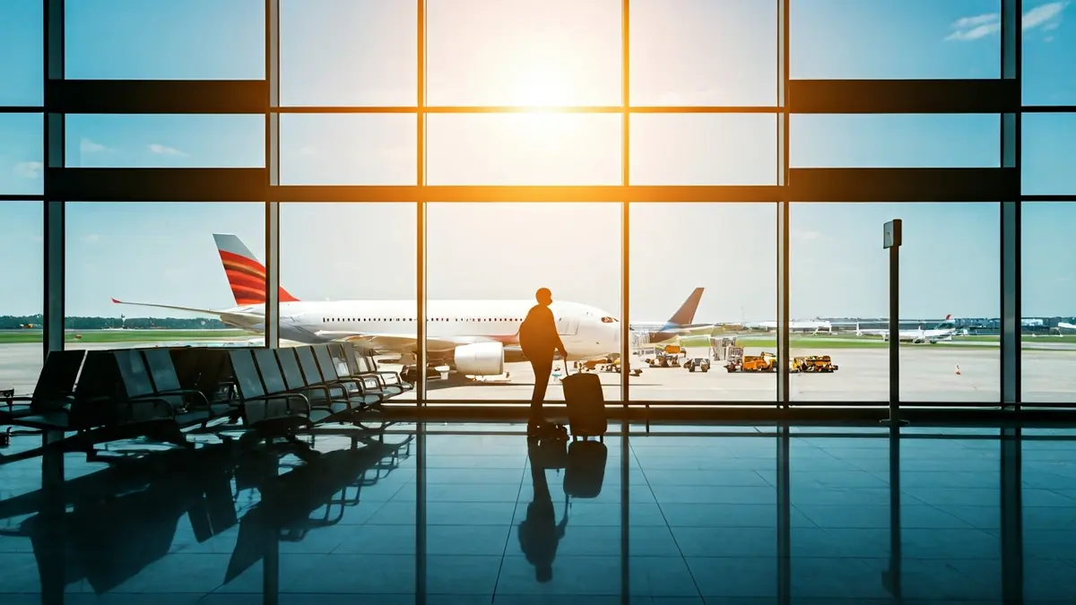 Imagen genérica de un aeropuerto moderno con viajeros y aviones al fondo.