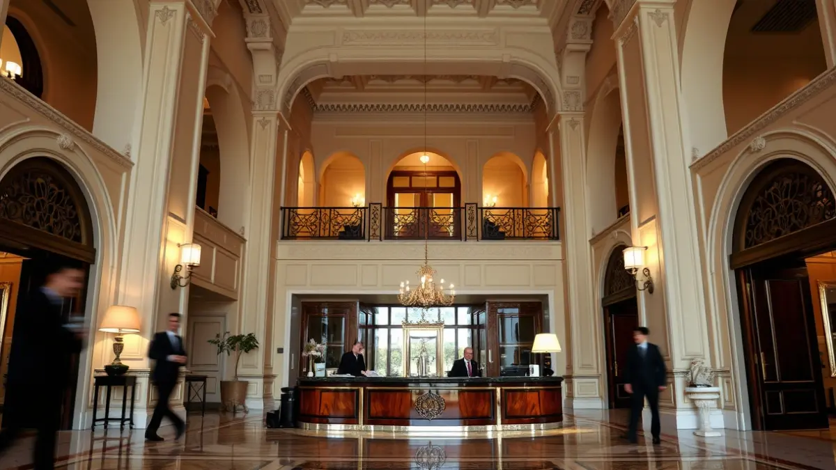 Luxury hotel reception with Andalusian architectural details.