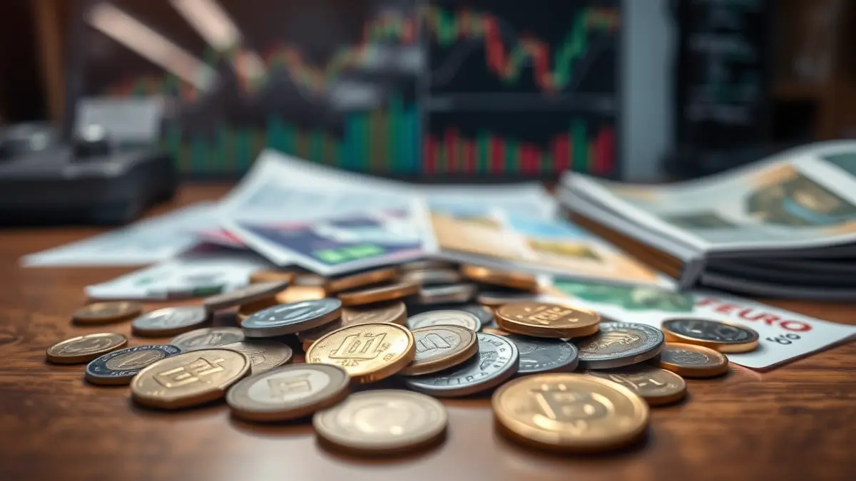 Generic image of euro coins and banknotes on a desk, with blurred financial charts in the background.