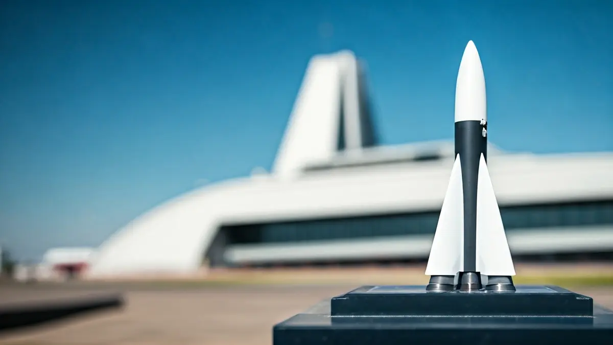 Image of a modern rocket on a launchpad, with a futuristic spaceport in the background.