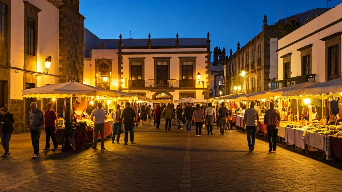 Imagen de una plaza de mercado en un pueblo canario, con gente y edificios históricos.