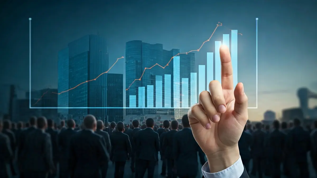 Imagen genérica de una mano señalando un gráfico de barras digital con tendencia a la baja, con edificios de oficinas desenfocados al fondo.