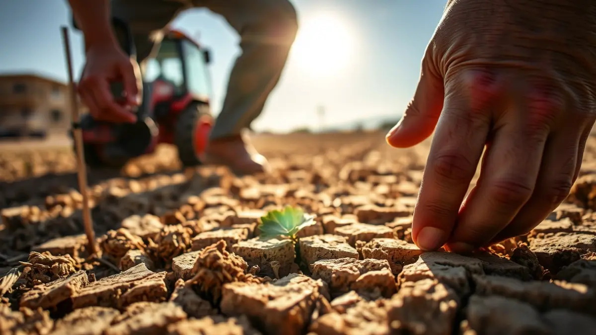 Image of a farmer examining dry soil in a field in Cordoba.