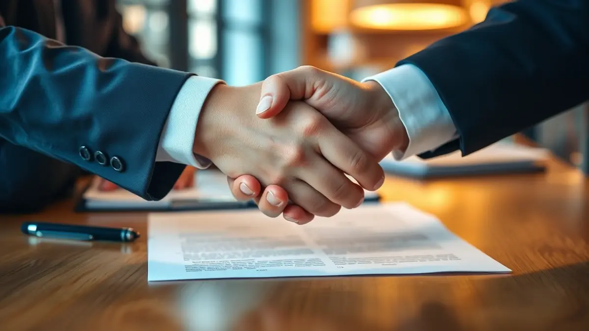 Generic image of two hands shaking in an office setting, symbolizing business collaboration.