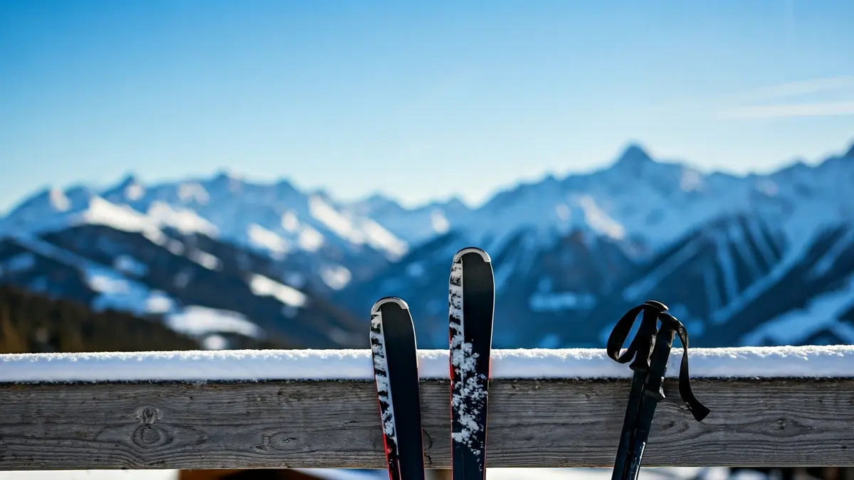 Generic image of skis and poles leaning against a snowy fence, with mountains in the background.