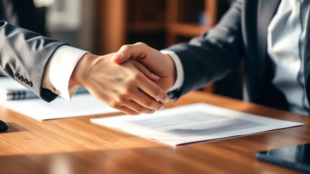 Generic image of hands shaking over a desk, symbolizing labor negotiations.