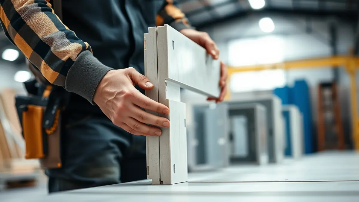 Imagen genérica de la construcción industrializada, con un trabajador montando un panel prefabricado.