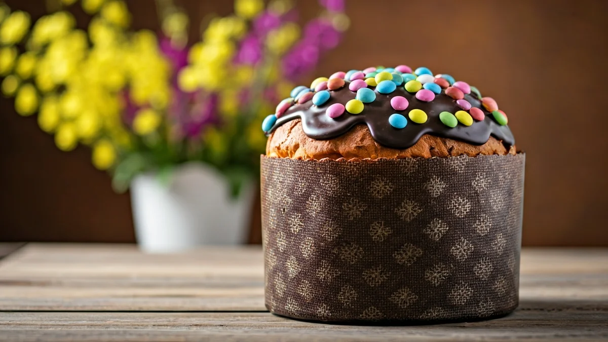 Image of a 'mona de Pascua' cake with chocolate and colorful decorations.