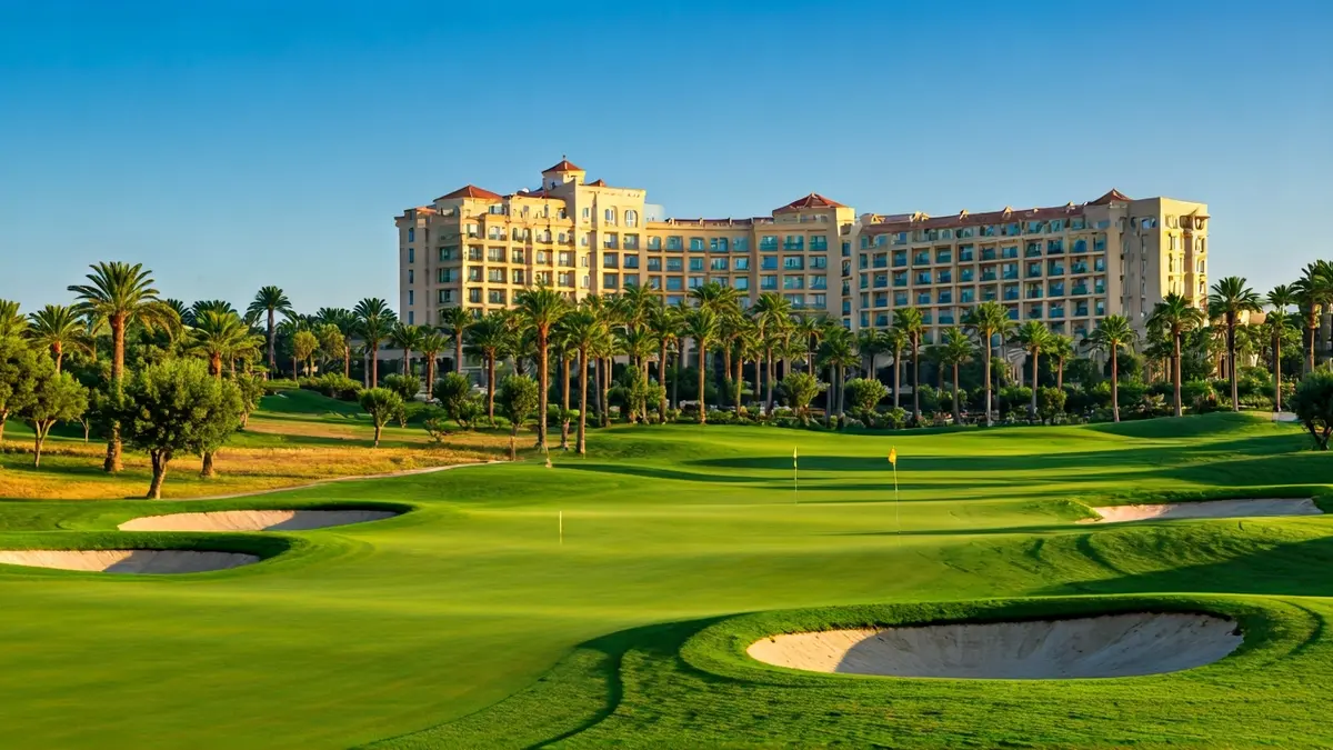 Imagen de un campo de golf con un hotel de lujo al fondo, bajo un cielo azul.