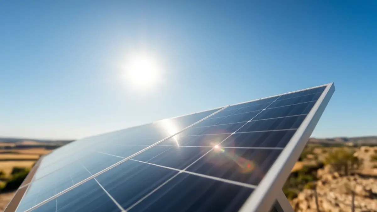 Generic image of solar panels in a field, reflecting sunlight.