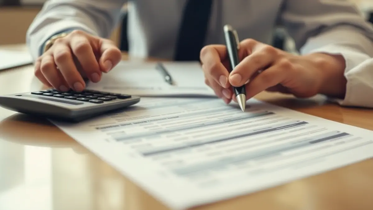 Imagen genérica de manos rellenando formularios de impuestos, con una calculadora y bolígrafo.