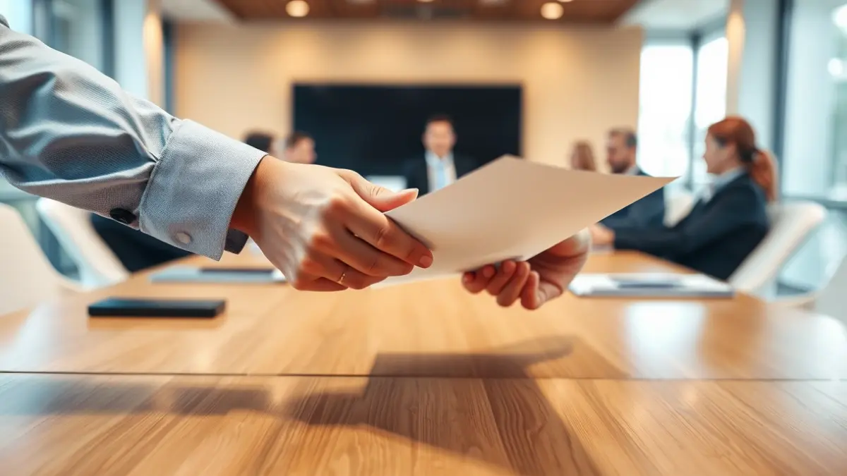 Imagen genérica de manos intercambiando documentos en una mesa de reunión.