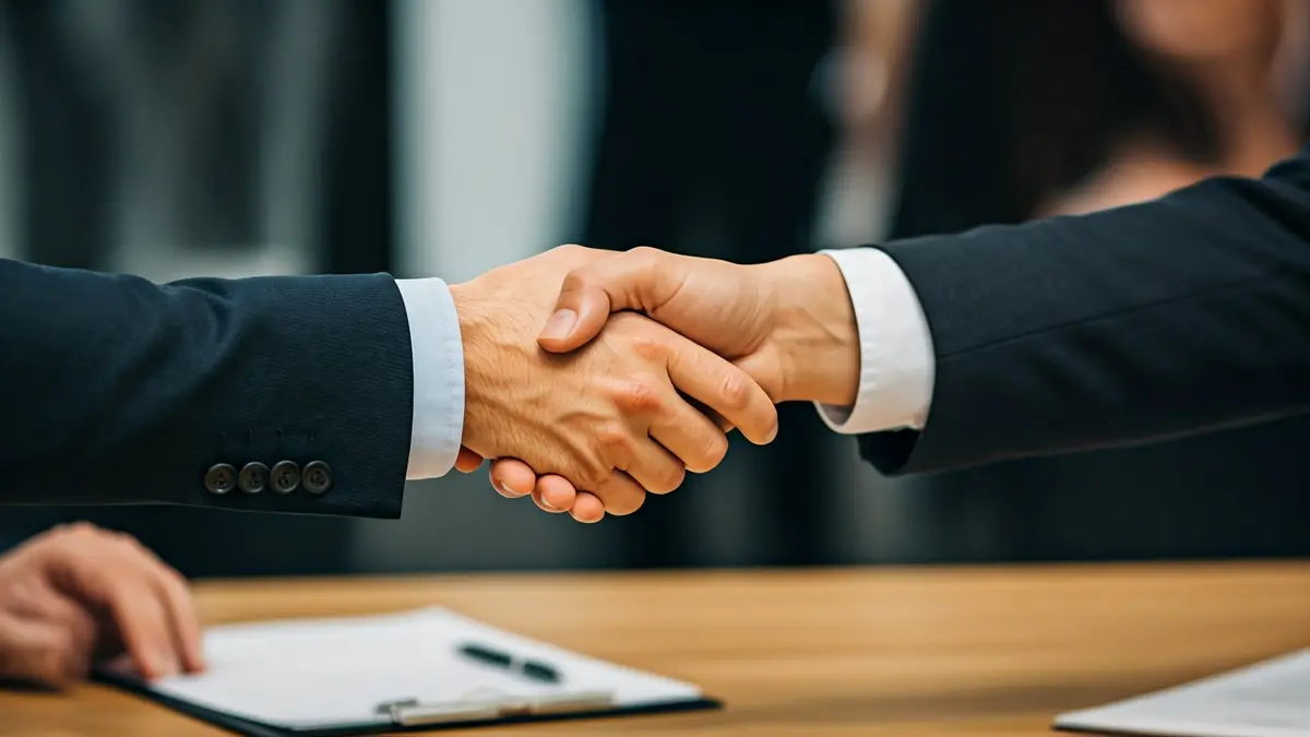 Generic image of two hands shaking over a desk, symbolizing business cooperation.