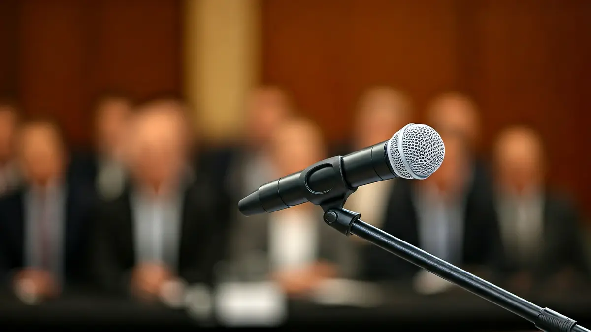Generic image of a business forum or conference with a microphone on a podium.