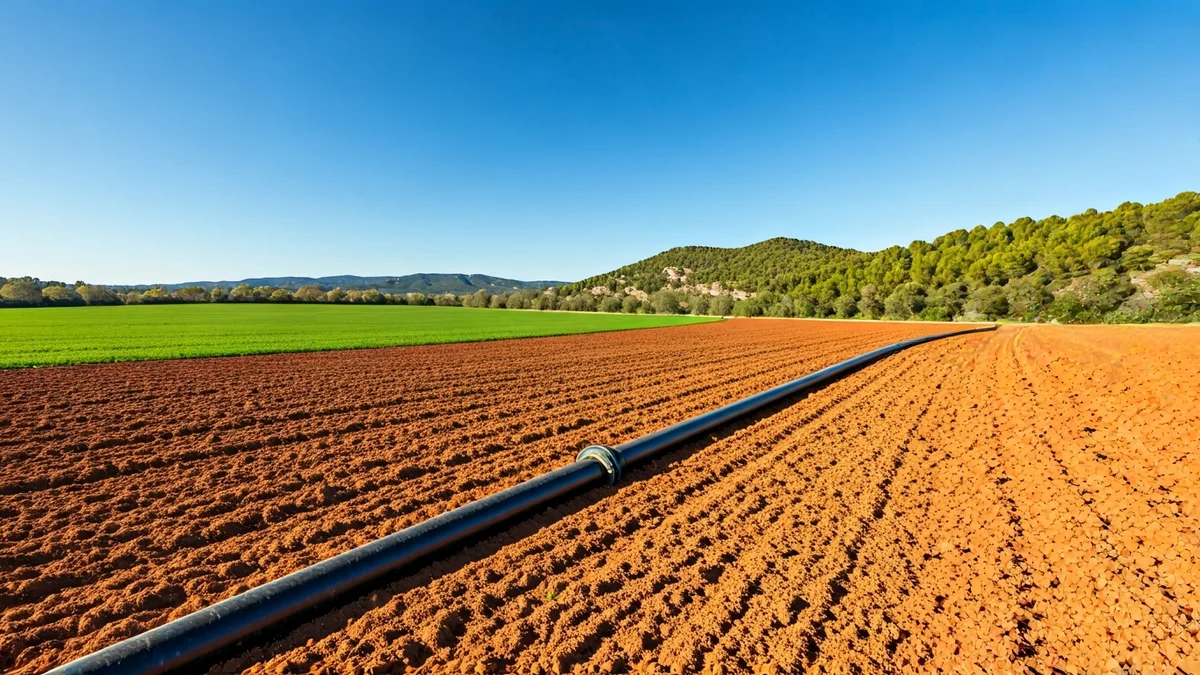 Imagen genérica de tuberías de regadío en un campo agrícola bajo el sol.