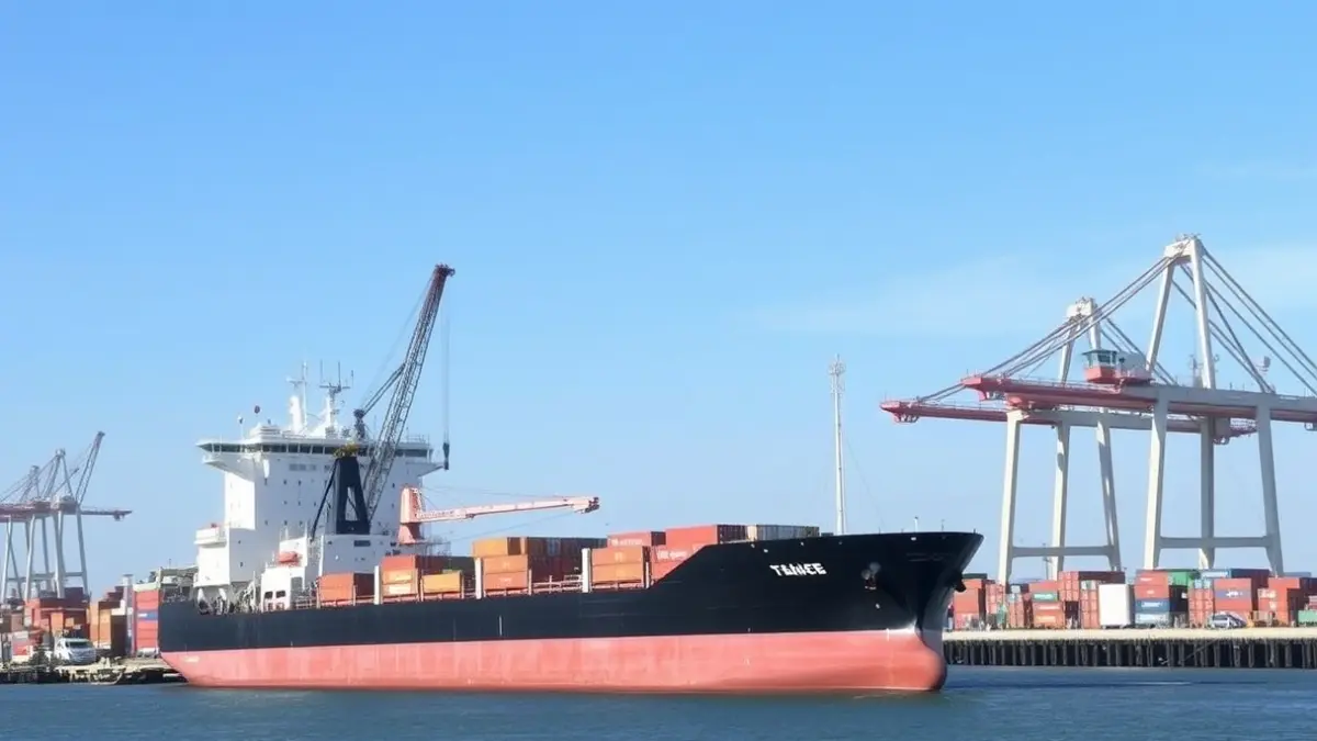 Image of a power-generating ship docked at an industrial port.