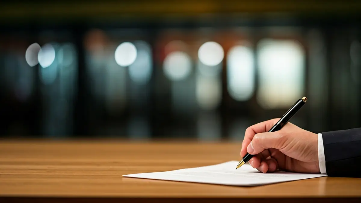 Generic image of a hand signing a document, with blurred industrial background.