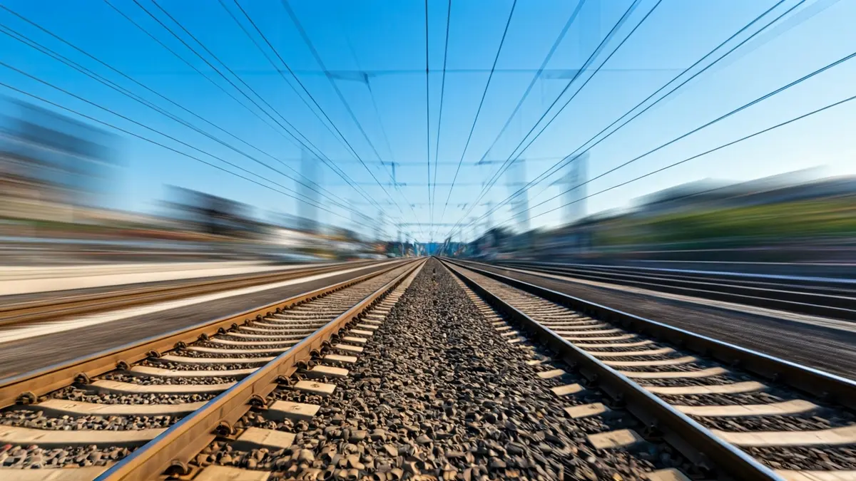 Imagen genérica de vías de tren modernas con señales luminosas al fondo.