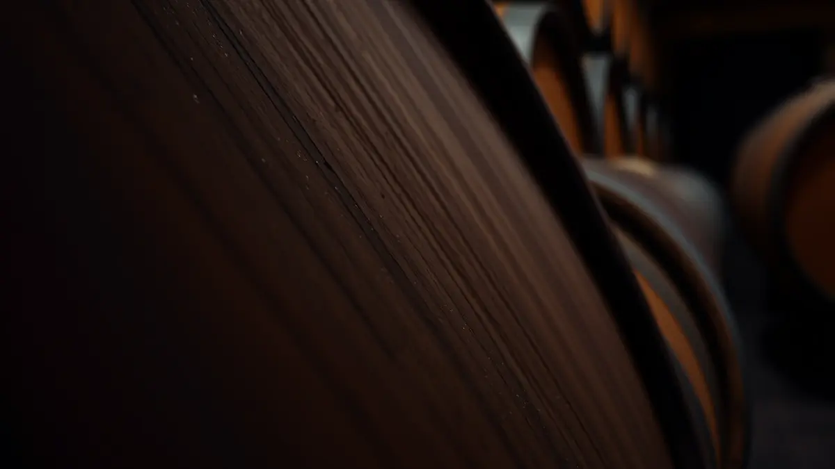 Imagen de un barril de jerez en una bodega, con la capa de flor visible