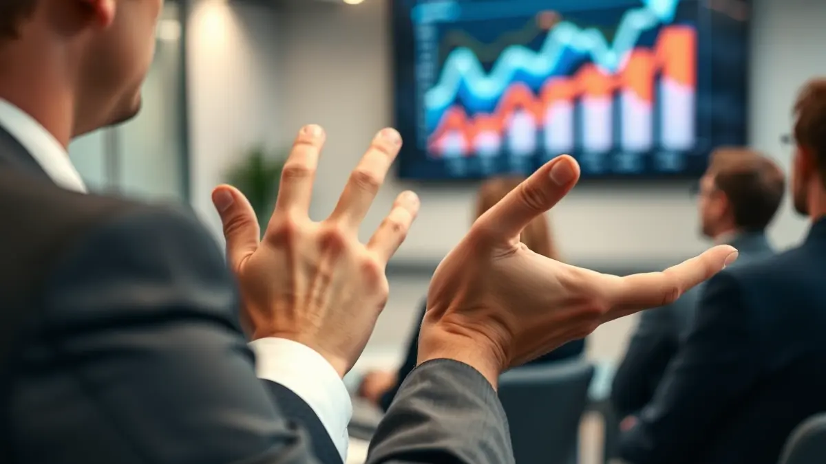 Generic image of a business leader presenting, with growth charts in the background.