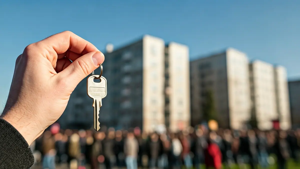 Generic image of a hand holding a house key, with blurred apartment buildings in the background, symbolizing rising housing costs.