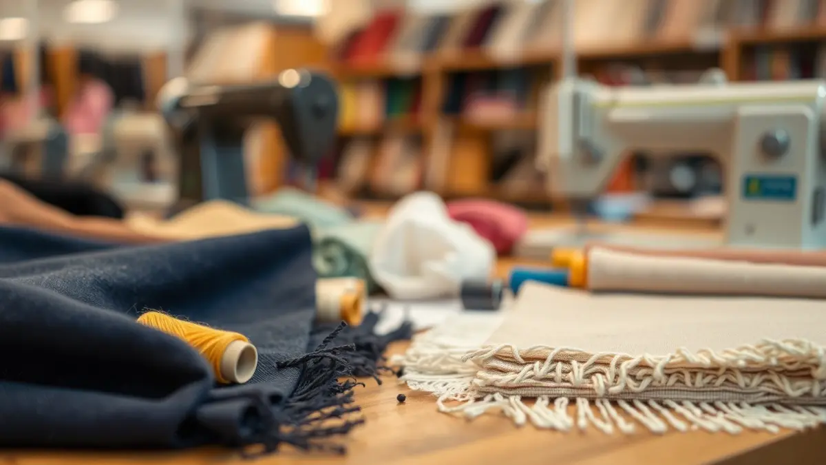 Generic image of textile samples and threads, with blurred textile machinery in the background.
