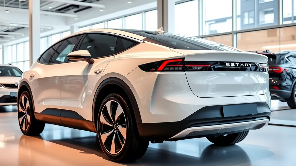 Imagen genérica de un SUV eléctrico con silueta coupé en un concesionario moderno.