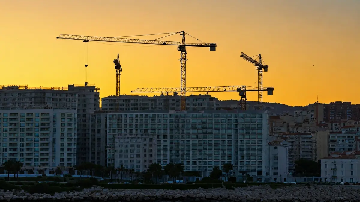 Imagen de edificios de lujo en construcción junto a viviendas más pequeñas en una ciudad costera mediterránea.