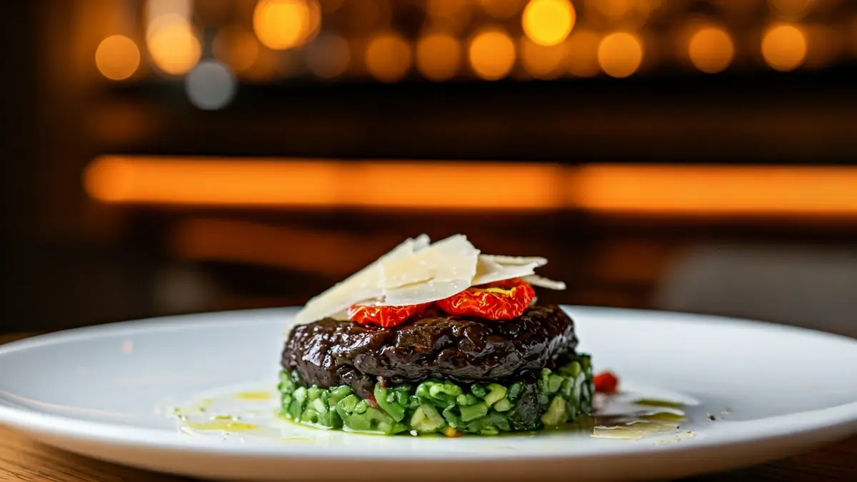 Plato de mojama con tomates deshidratados y parmesano en el restaurante El Panzón de Sevilla.