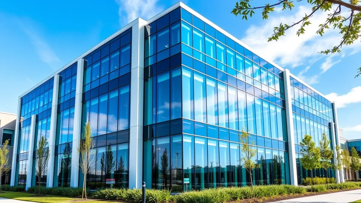 Generic image of a modern building in a technology park, with large glass windows and green areas.