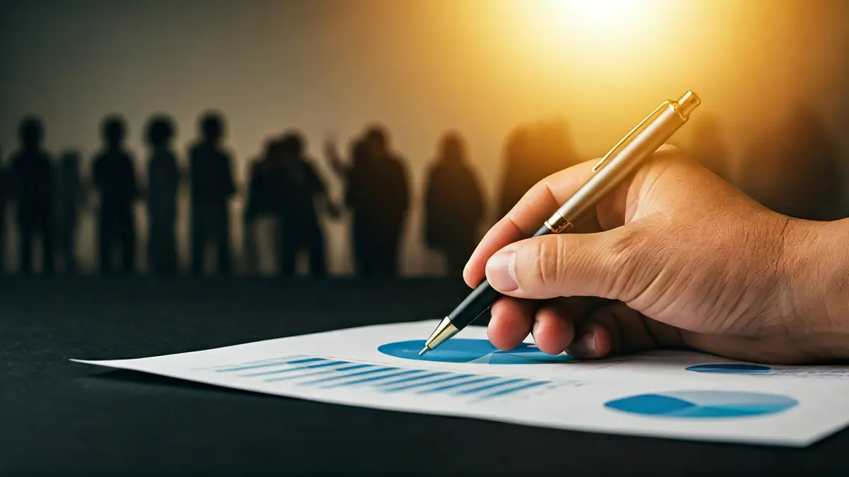 Imagen genérica de una mano analizando documentos económicos con gráficos borrosos de fondo.