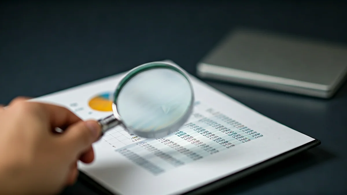 Generic image of a hand with a magnifying glass analyzing a financial report.