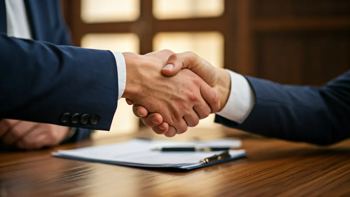 Imagen genérica de dos manos estrechándose sobre un escritorio con documentos, simbolizando un acuerdo o formación empresarial.