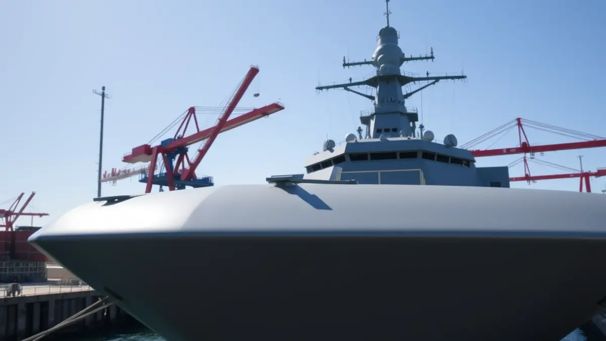 Image of a naval destroyer in a port with industrial facilities in the background.