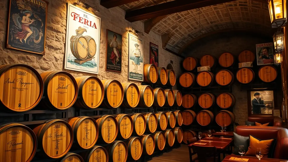 Interior de una bodega tradicional española con barriles de jerez y carteles antiguos.