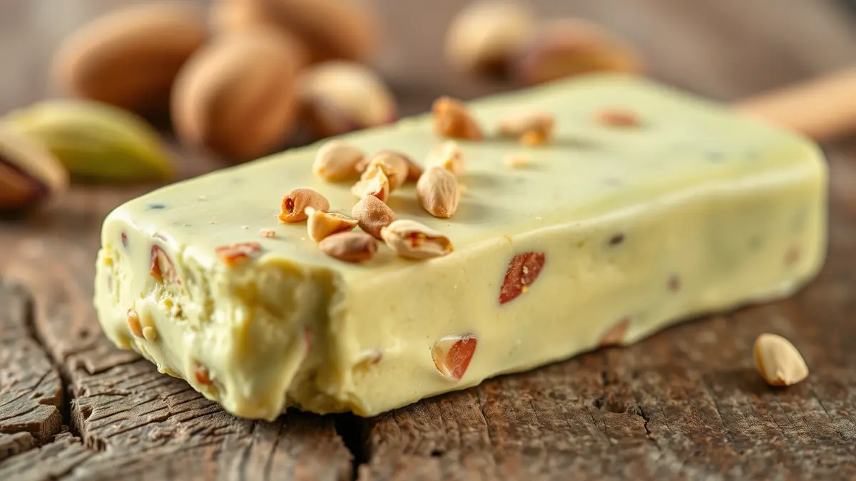 Image of a pistachio ice cream bar with pistachio pieces, on a wooden surface.