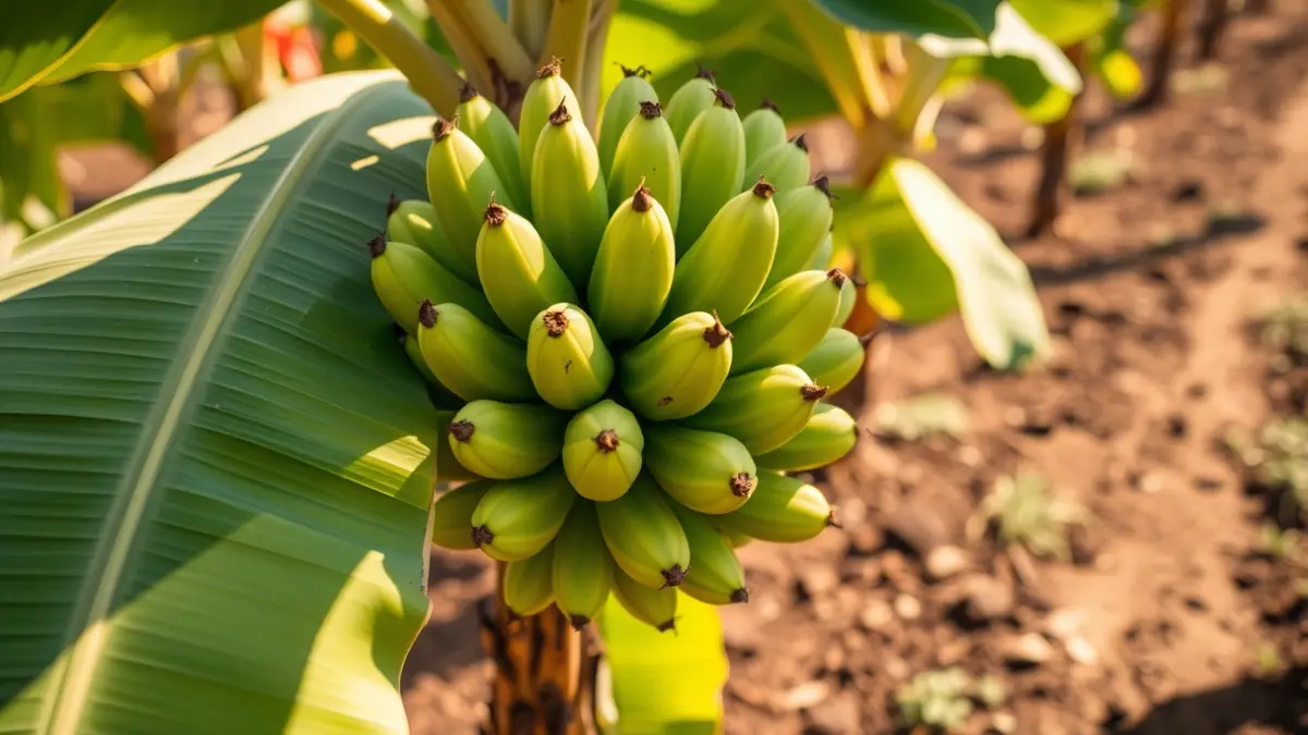 Image of green bananas in a Canarian plantation.
