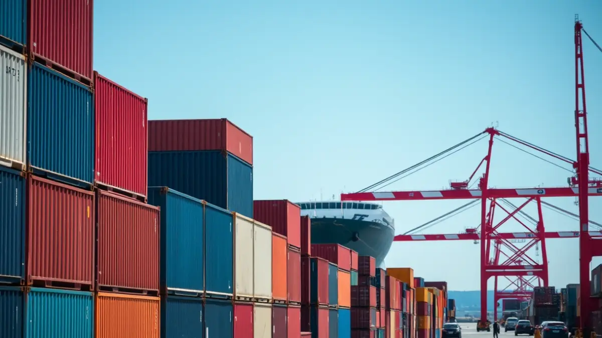 Imagen genérica de contenedores en un puerto, con un barco de carga al fondo.